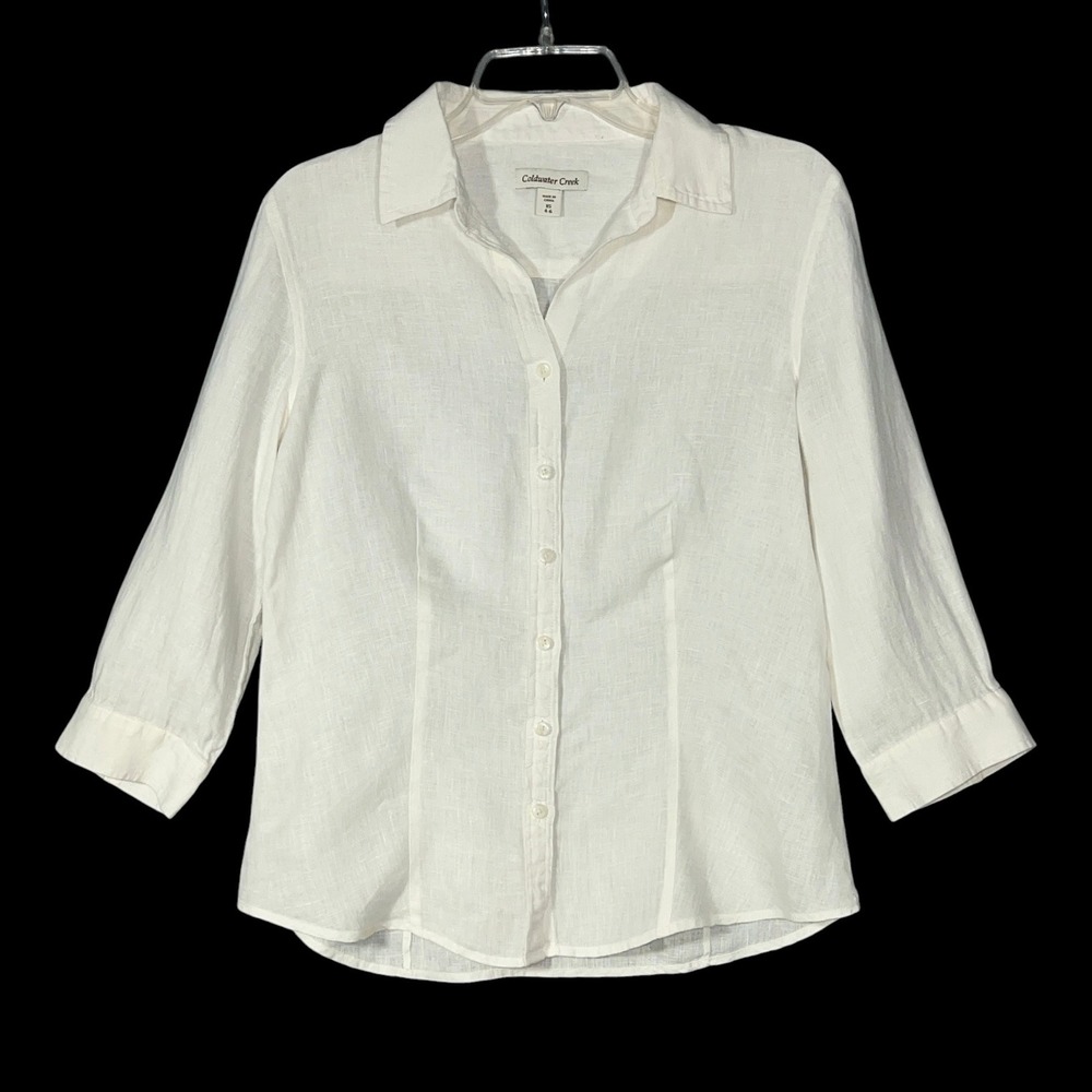 Coldwater Creek Linen Button Down Shirt Womens XS 4-6 White 3/4 Sleeve Top